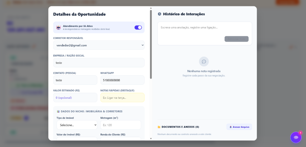 Ficha de Detalhes da Oportunidade e IA Ativa