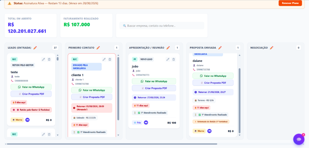 Interface Real do Nexale CRM - Funil Kanban
